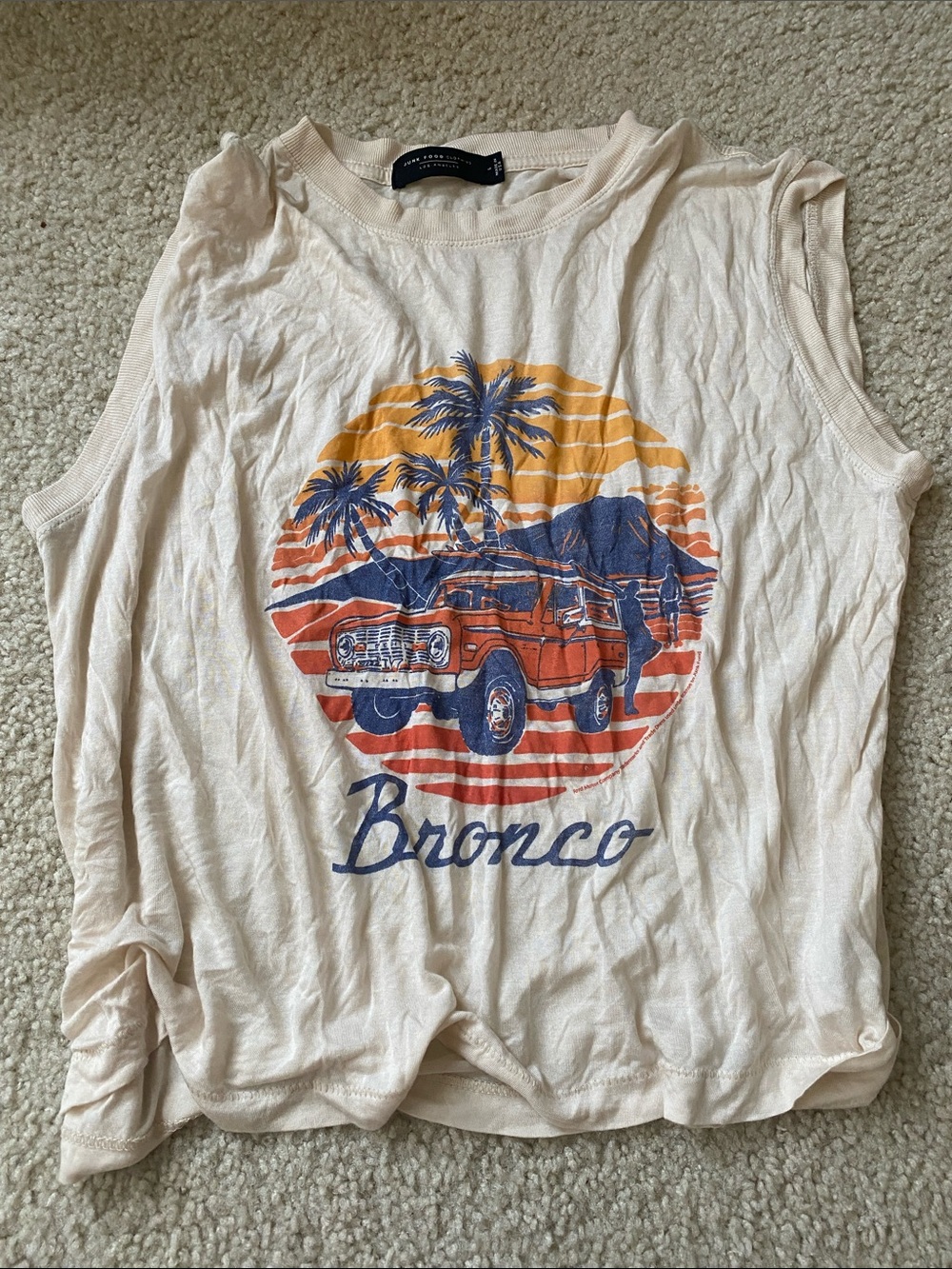 Free People Cream Graphic "Bronco" Tee with Orange and Navy Print